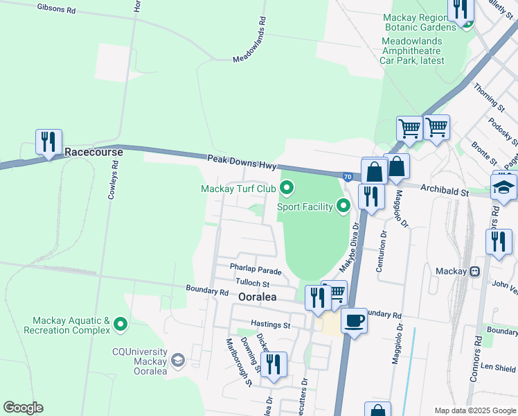 map of restaurants, bars, coffee shops, grocery stores, and more near 1 Hansen Drive in Ooralea