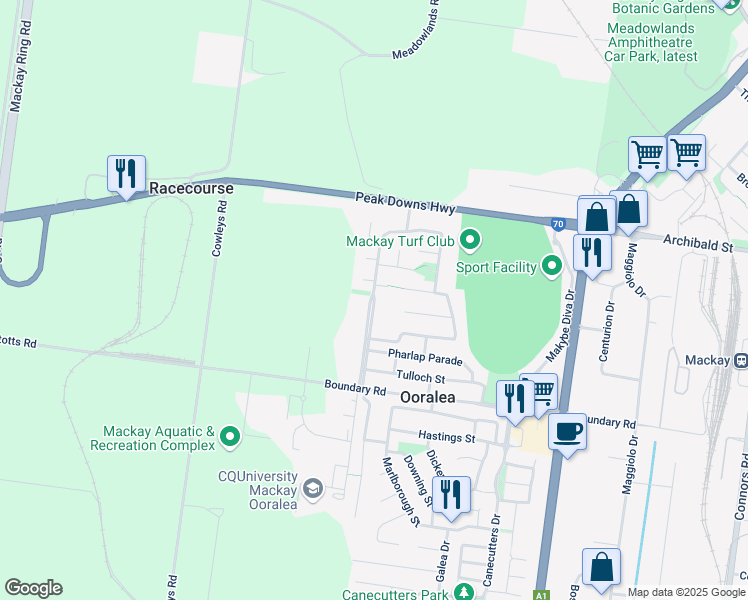 map of restaurants, bars, coffee shops, grocery stores, and more near Bernborough Avenue in Ooralea