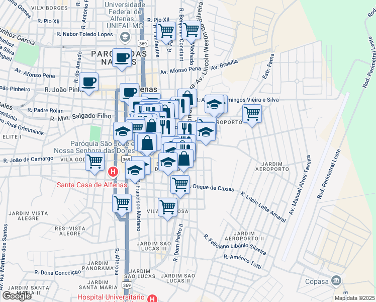 map of restaurants, bars, coffee shops, grocery stores, and more near 1960 Avenida Lincoln Westin da Silveira in Alfenas