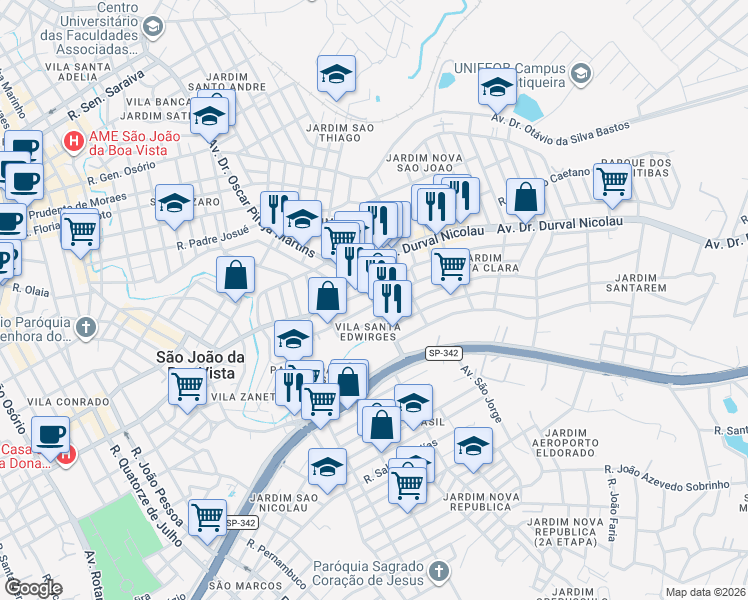map of restaurants, bars, coffee shops, grocery stores, and more near 1389 Avenida Doutor Oscar Pirajá Martins in São João da Boa Vista