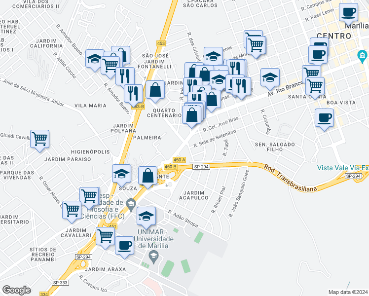 map of restaurants, bars, coffee shops, grocery stores, and more near 571 Avenida da Saudade in Marília