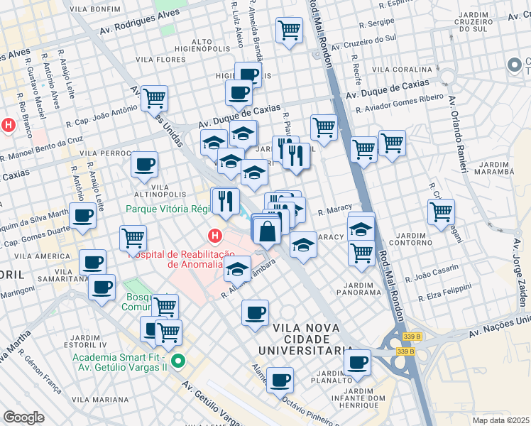 map of restaurants, bars, coffee shops, grocery stores, and more near 23-87 Avenida Nações Unidas in Bauru