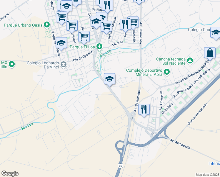 map of restaurants, bars, coffee shops, grocery stores, and more near Avenida Libertador Bernardo O'Higgins in Calama