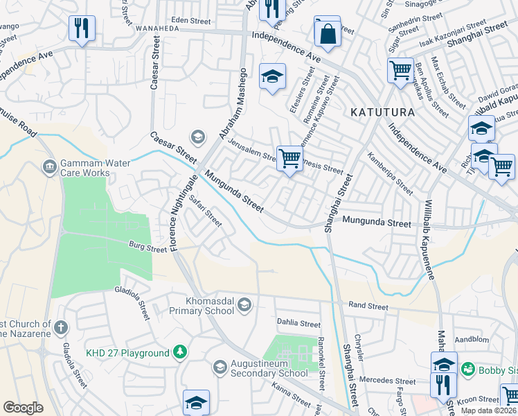 map of restaurants, bars, coffee shops, grocery stores, and more near Mungunda Street in Windhoek