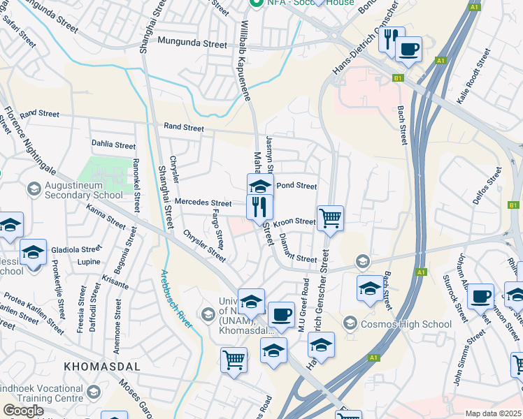 map of restaurants, bars, coffee shops, grocery stores, and more near Mahatma Gandhi Street in Windhoek