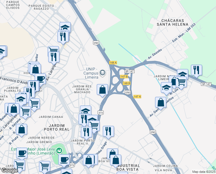 map of restaurants, bars, coffee shops, grocery stores, and more near 245 Rua Miguel Guidote in Limeira