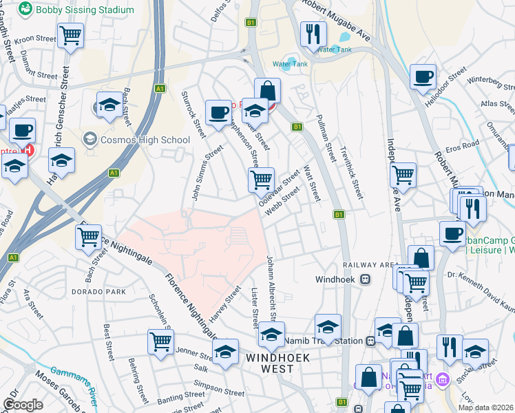 map of restaurants, bars, coffee shops, grocery stores, and more near Johann Albrecht Street in Windhoek