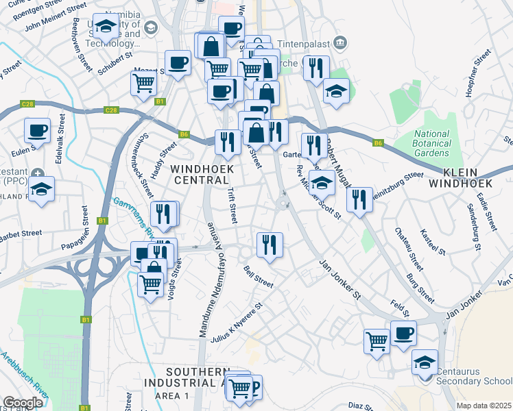 map of restaurants, bars, coffee shops, grocery stores, and more near Merensky Street in Windhoek
