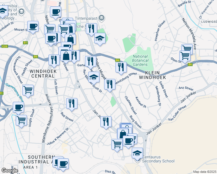 map of restaurants, bars, coffee shops, grocery stores, and more near Robert Mugabe Avenue in Windhoek