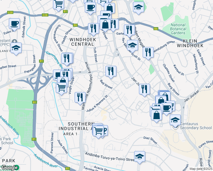 map of restaurants, bars, coffee shops, grocery stores, and more near Bell Street in Windhoek