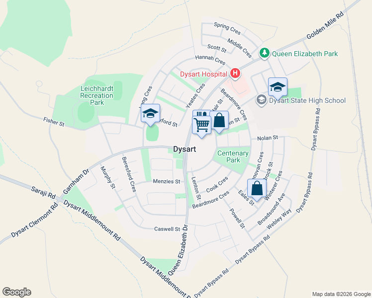 map of restaurants, bars, coffee shops, grocery stores, and more near in Dysart