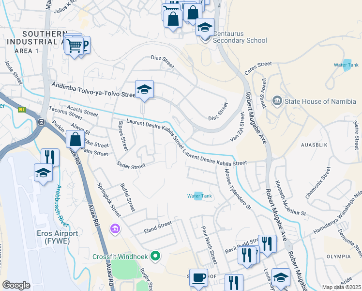 map of restaurants, bars, coffee shops, grocery stores, and more near Laurent Desire Kabila Street in Windhoek