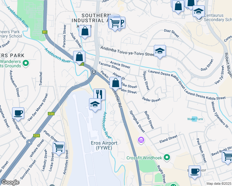 map of restaurants, bars, coffee shops, grocery stores, and more near Mandume Ndemufayo Avenue in Windhoek
