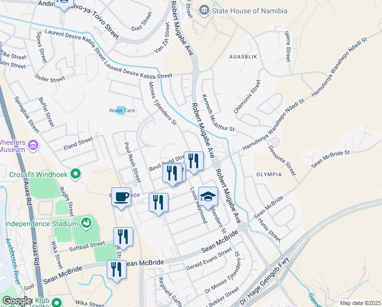 map of restaurants, bars, coffee shops, grocery stores, and more near Moses Tjitendero Street in Windhoek
