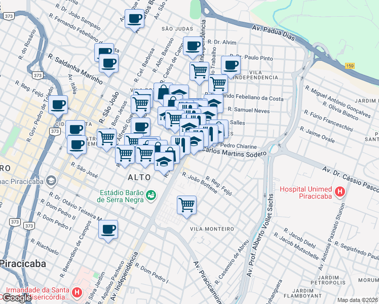 map of restaurants, bars, coffee shops, grocery stores, and more near 2732 Avenida Independência in Piracicaba