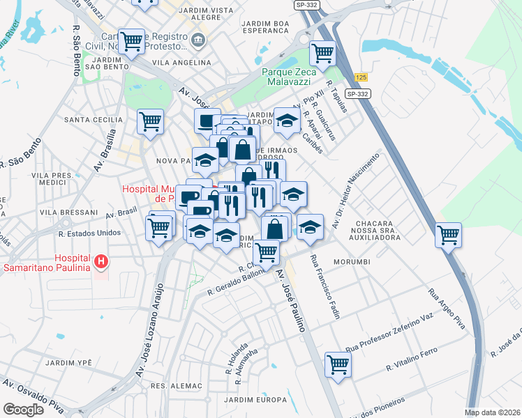 map of restaurants, bars, coffee shops, grocery stores, and more near 3 Avenida José Paulino in Paulínia