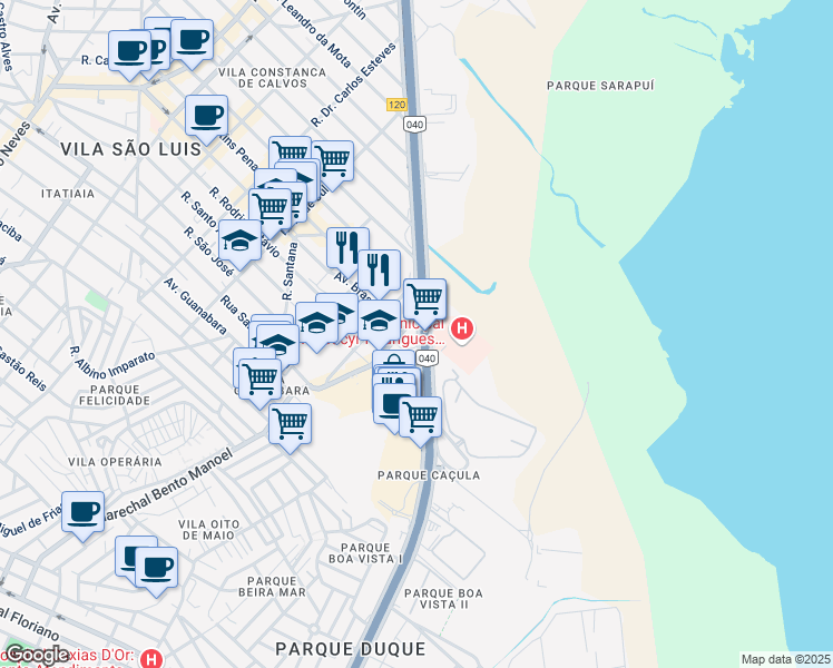 map of restaurants, bars, coffee shops, grocery stores, and more near 118 Rodovia Washington Luiz in Duque de Caxias