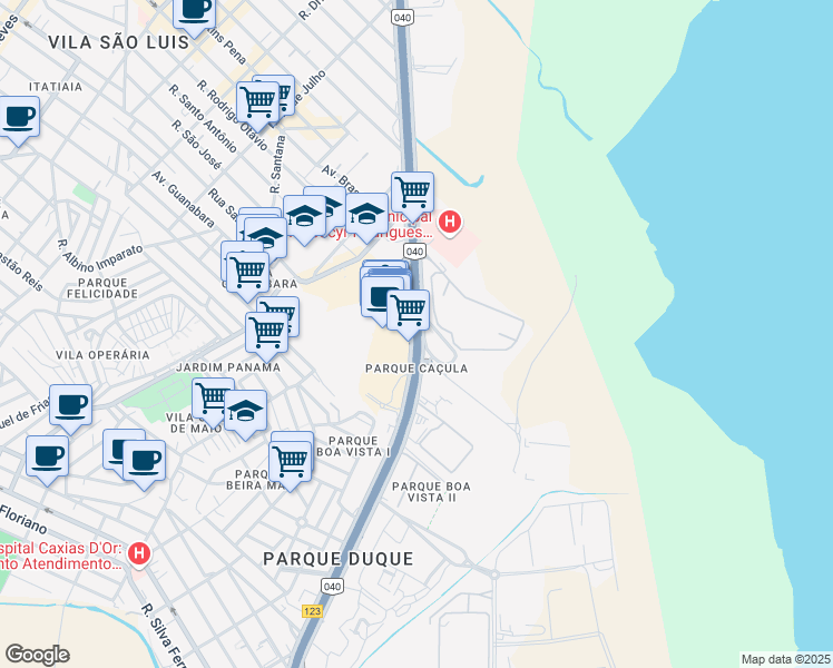 map of restaurants, bars, coffee shops, grocery stores, and more near 118 Rodovia Washington Luiz in Duque de Caxias