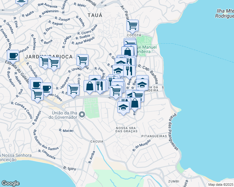 map of restaurants, bars, coffee shops, grocery stores, and more near 885 Estrada da Cacuia in Rio de Janeiro