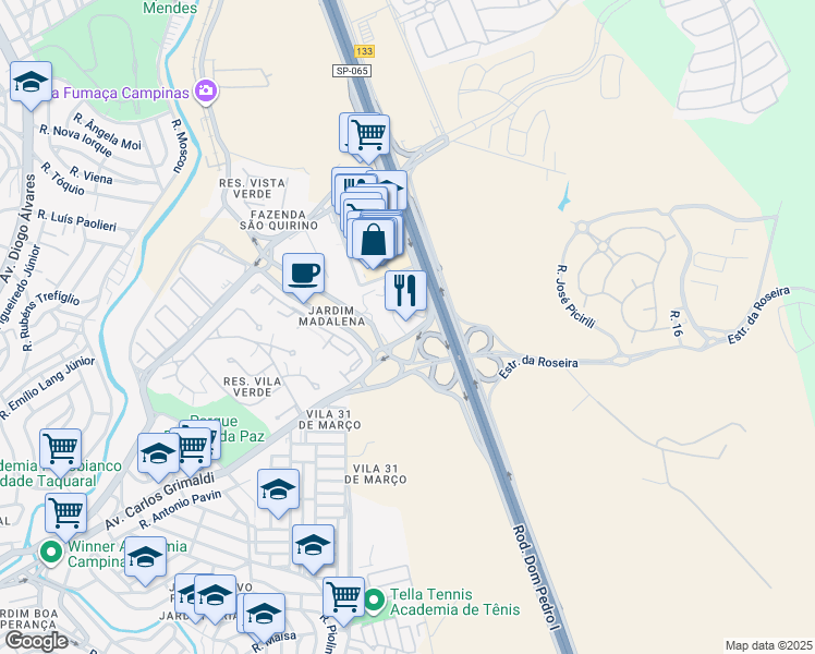 map of restaurants, bars, coffee shops, grocery stores, and more near 1701 Avenida Carlos Grimaldi in Campinas