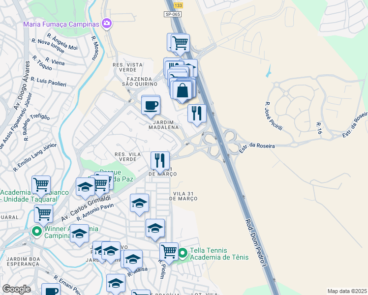 map of restaurants, bars, coffee shops, grocery stores, and more near 1701 Avenida Carlos Grimaldi in Campinas