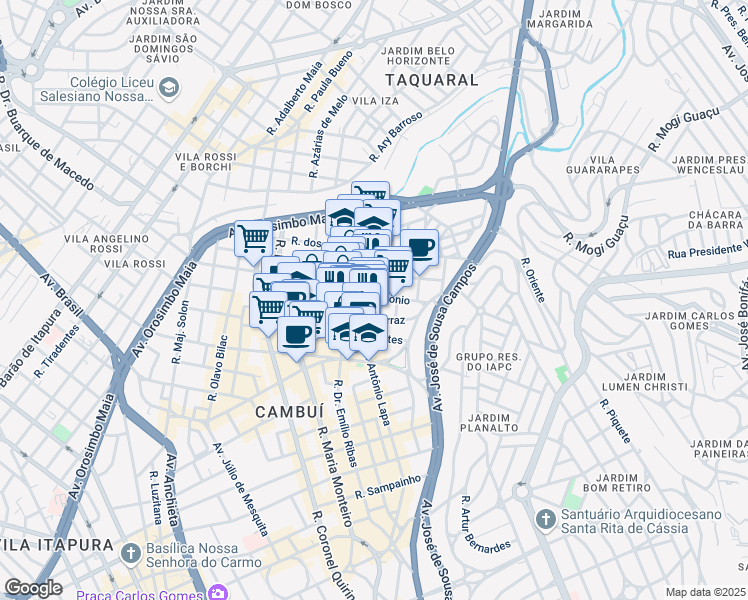 map of restaurants, bars, coffee shops, grocery stores, and more near 1080 Rua Antônio Lapa in Campinas