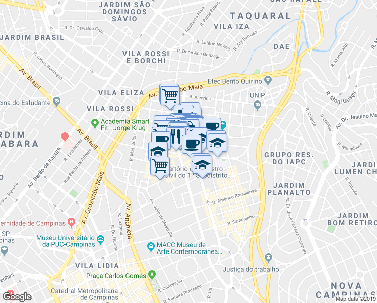 map of restaurants, bars, coffee shops, grocery stores, and more near 613 Rua Santos Dumont in Campinas