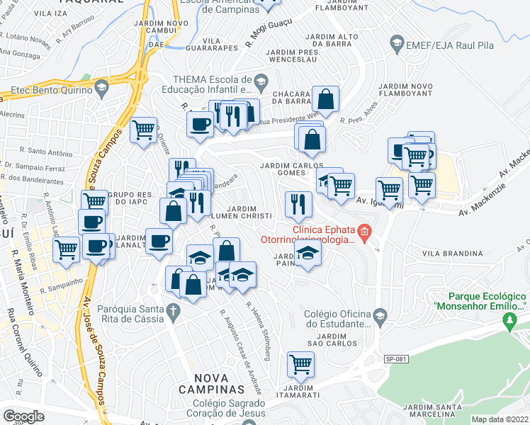 map of restaurants, bars, coffee shops, grocery stores, and more near 450 Rua Nazaré Paulista in Campinas