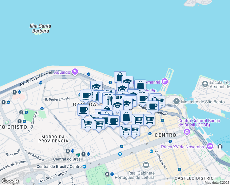 map of restaurants, bars, coffee shops, grocery stores, and more near 27 Avenida Barão de Tefé in Rio de Janeiro