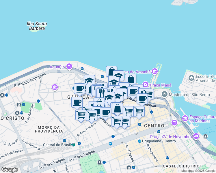 map of restaurants, bars, coffee shops, grocery stores, and more near 27 Avenida Barão de Tefé in Rio de Janeiro