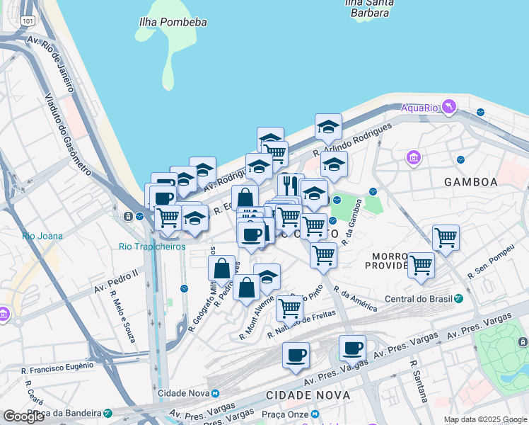 map of restaurants, bars, coffee shops, grocery stores, and more near 86 Avenida Cidade de Lima in Rio de Janeiro