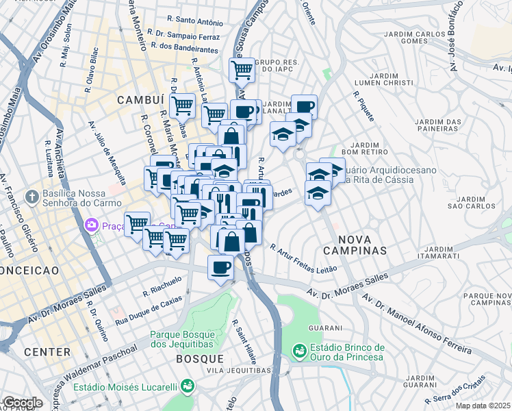 map of restaurants, bars, coffee shops, grocery stores, and more near 25 Rua Odila Maia Rocha Brito in Campinas