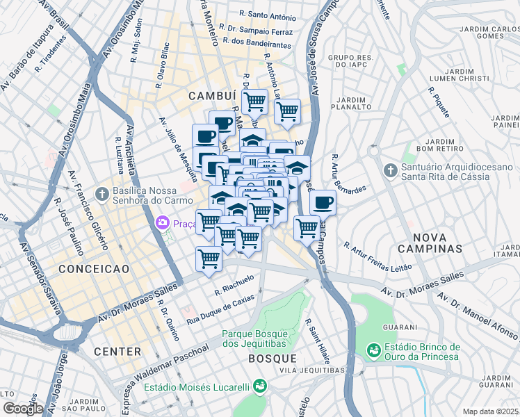 map of restaurants, bars, coffee shops, grocery stores, and more near 227 Rua Maria Monteiro in Campinas