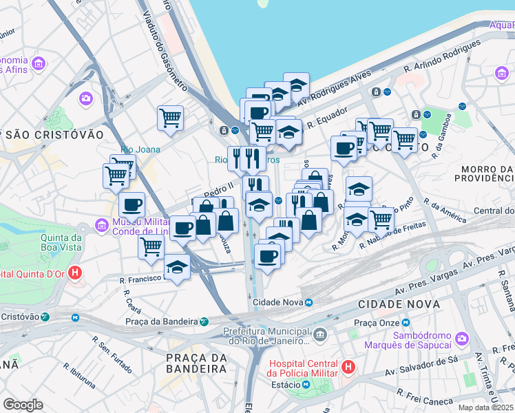 map of restaurants, bars, coffee shops, grocery stores, and more near 288 Avenida Francisco Bicalho in Rio de Janeiro