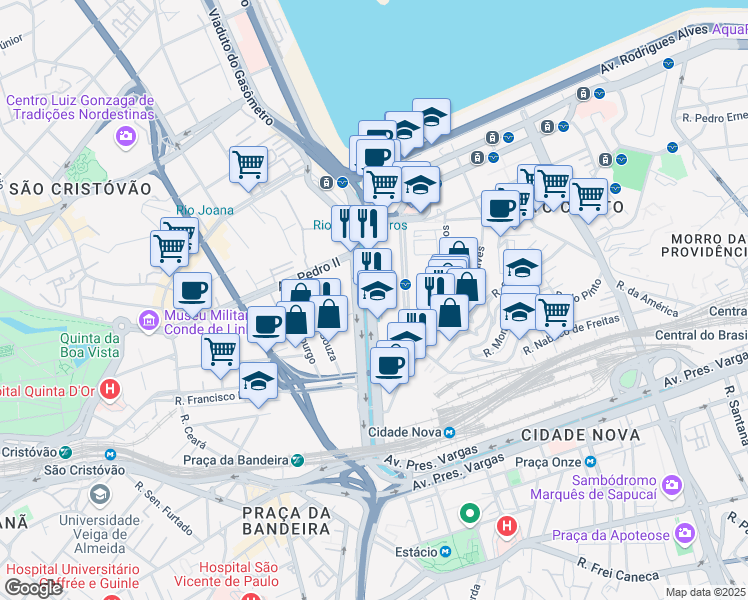 map of restaurants, bars, coffee shops, grocery stores, and more near 288 Avenida Francisco Bicalho in Rio de Janeiro
