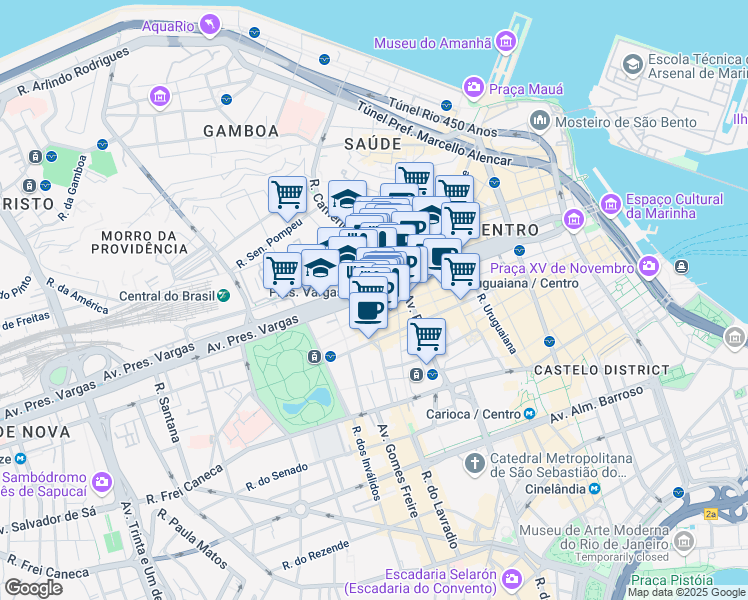 map of restaurants, bars, coffee shops, grocery stores, and more near 1001 Avenida Presidente Vargas in Rio de Janeiro