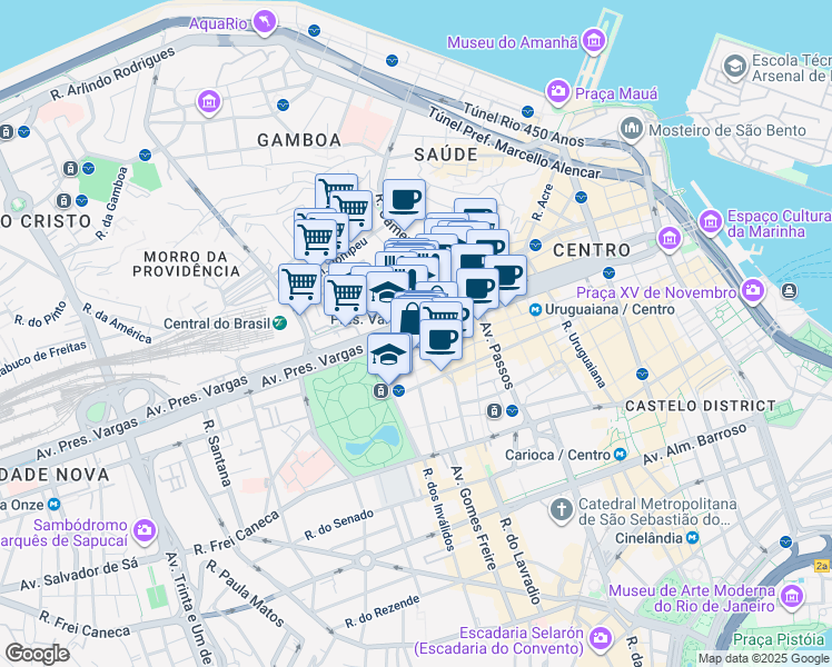 map of restaurants, bars, coffee shops, grocery stores, and more near 1001 Avenida Presidente Vargas in Rio de Janeiro