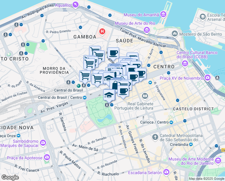map of restaurants, bars, coffee shops, grocery stores, and more near 1261 Avenida Presidente Vargas in Rio de Janeiro