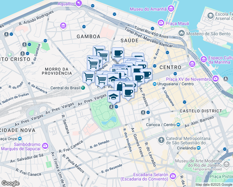 map of restaurants, bars, coffee shops, grocery stores, and more near 1261 Avenida Presidente Vargas in Rio de Janeiro