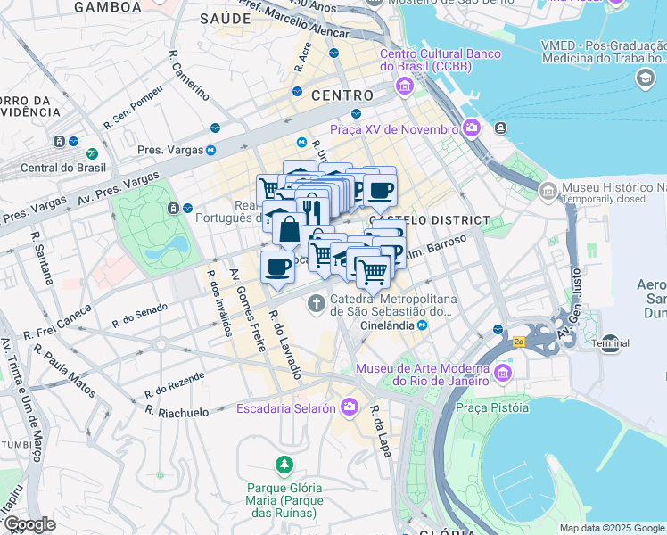 map of restaurants, bars, coffee shops, grocery stores, and more near 100 Avenida República do Chile in Rio de Janeiro
