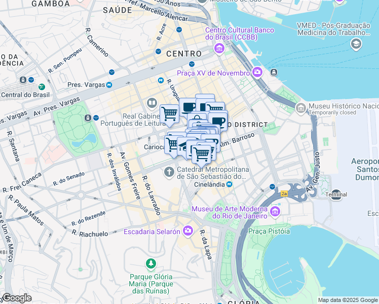 map of restaurants, bars, coffee shops, grocery stores, and more near 100 Avenida República do Chile in Rio de Janeiro