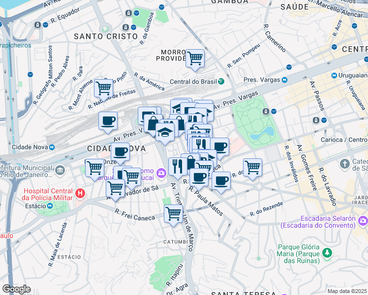 map of restaurants, bars, coffee shops, grocery stores, and more near 75 Rua Marquês de Pombal in Rio de Janeiro