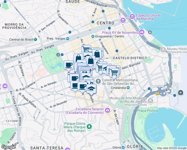map of restaurants, bars, coffee shops, grocery stores, and more near 300 Avenida República do Chile in Rio de Janeiro