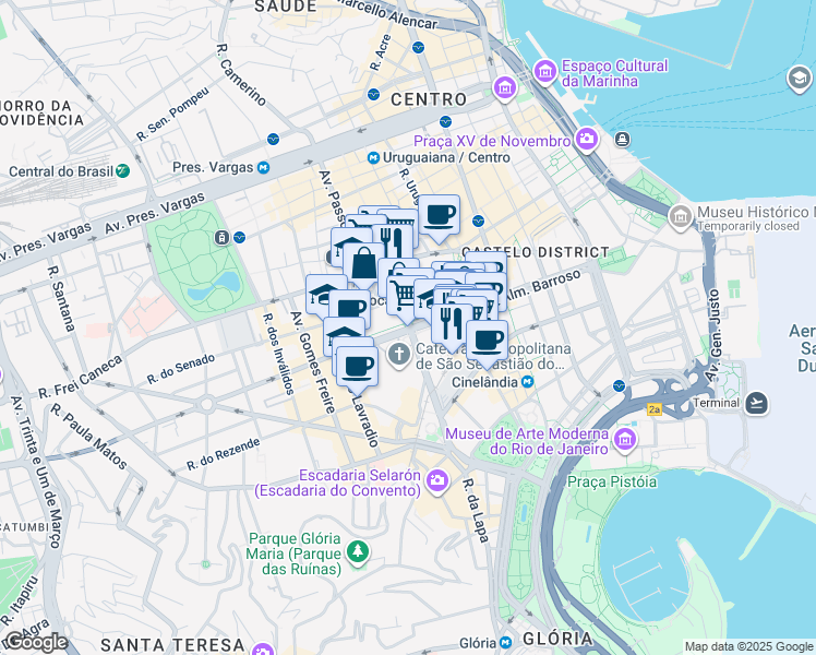 map of restaurants, bars, coffee shops, grocery stores, and more near 300 Avenida República do Chile in Rio de Janeiro