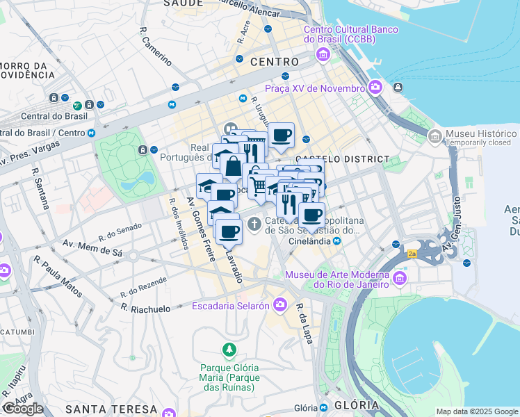 map of restaurants, bars, coffee shops, grocery stores, and more near Avenida República do Chile in Rio de Janeiro