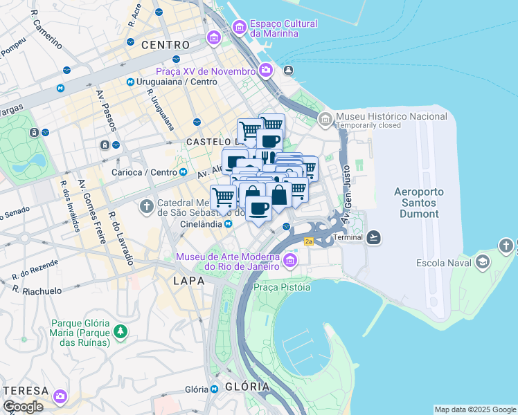 map of restaurants, bars, coffee shops, grocery stores, and more near 26 Avenida Graça Aranha in Rio de Janeiro