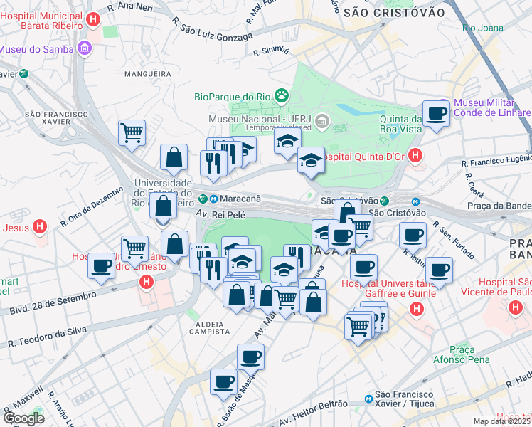 map of restaurants, bars, coffee shops, grocery stores, and more near Avenida Presidente Castelo Branco in Rio de Janeiro
