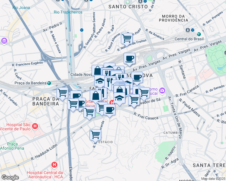 map of restaurants, bars, coffee shops, grocery stores, and more near Rua Visconde de Duprat in Rio de Janeiro