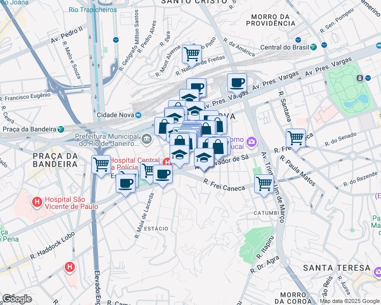 map of restaurants, bars, coffee shops, grocery stores, and more near Rua Correia Vasques in Rio de Janeiro