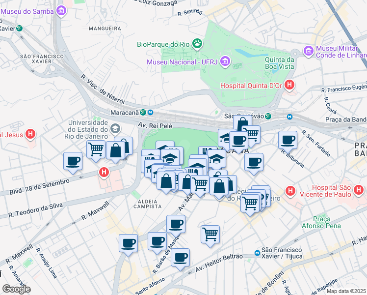 map of restaurants, bars, coffee shops, grocery stores, and more near Avenida Presidente Castelo Branco in Rio de Janeiro